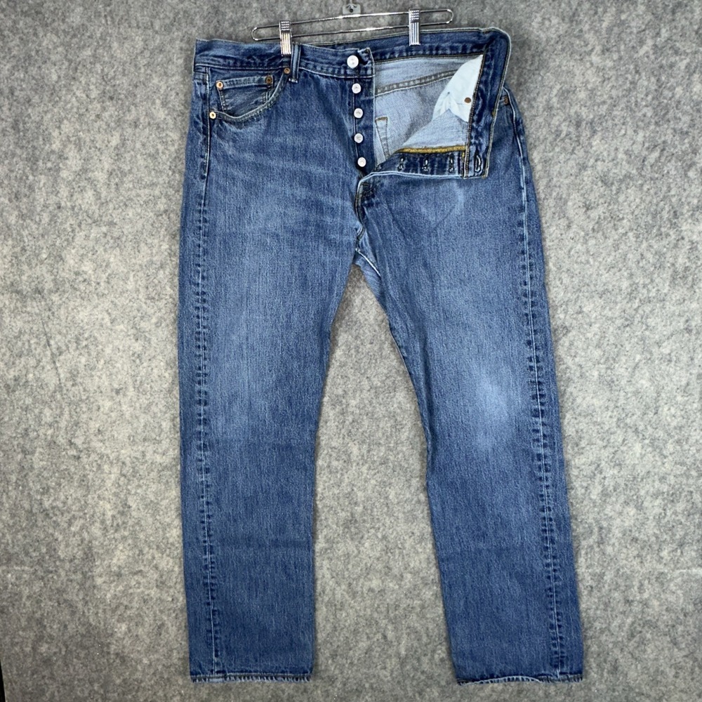 Levis 501 Jeans Mens 36x34 Blue Straight Button Fly American Chew Fade Denim